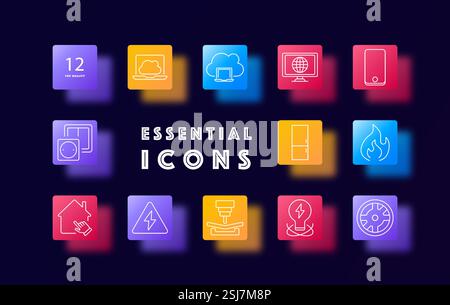 Technology set icon. Cloud computing, laptop, online storage, global network, smartphone, image gallery, smart home, electricity, CNC machine, energy, Stock Vector