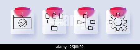 File management set icon. Folder check, file structure, network folders, settings gear, organization, data storage, digital access, system management Stock Vector