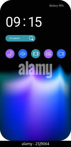 A futuristic smartphone home screen interface featuring a digital clock, AI search bar, battery status, and colorful app icons on a gradient backgroun Stock Vector
