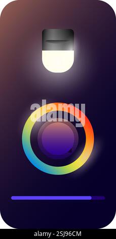 A modern and stylish user interface design for a smart room light control app, featuring a gradient color dial and a glowing light bulb icon Stock Vector