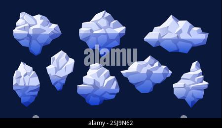 Floating icebergs. Arctic glaciers, frozen icy mountains and blue ice peaks. Cartoon iceberg with underwater part for diagram designs isolated vector Stock Vector