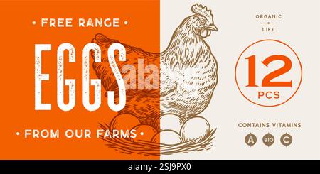 Chicken, hen with nest, eggs. Vintage artwork Stock Vector