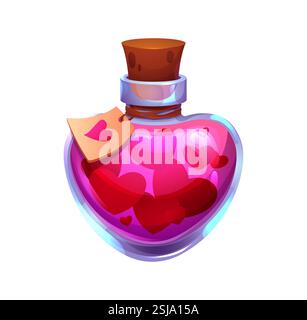 Valentines day love potion bottle. Cartoon witch brew, whimsical heart shaped glass flask with a corkwood stopper, filled with pink liquid, symbolizin Stock Vector