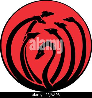 Minimalistic Hydra art with black silhouette and red background Stock Vector