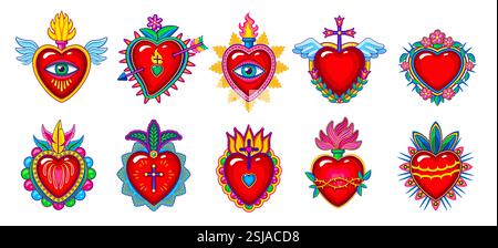 Mexican sacred heart tattoos with vector fire flames, eyes, flowers and wings, arrows, feather crown, thorns and crosses. Mexico and catholic religion Stock Vector