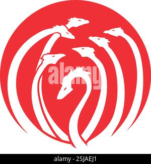 White silhouette of Hydra creature with multiple heads on red background Stock Vector