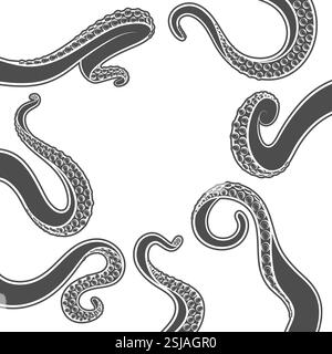 Set of black and white illustrations with octopus tentacles. Isolated vector objects on white background. Stock Vector