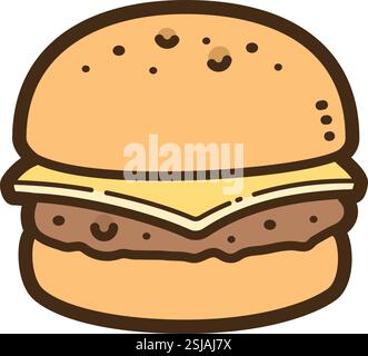 Cheese burger vector doodle illustration and graphic. Part of fast food category. Stock Vector