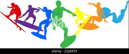 Surfers Surfing on Surf Boards Silhouettes Concept Stock Vector