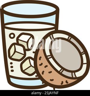 Coconut drink vector doodle illustration and graphic. Part of fresh beverage category. Stock Vector