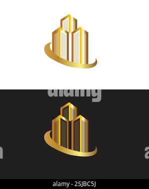 Abstract Line Art Building Logo, Golden Building Logo Design Stock Vector