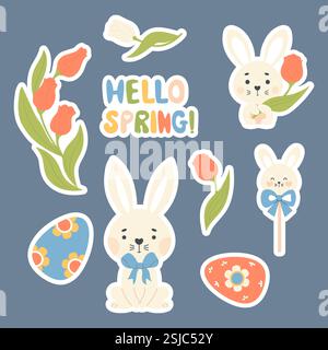 Cute Easter spring bunny stickers. Isolated funny rabbit animal with flower, paschal eggs and bouquet of tulips. Vector illustration in flat style Stock Vector
