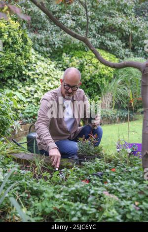 Mature man planting in garden Stock Photo