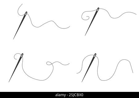 Needle with thread doodle simple icon, line embroidery decoration. Curvy thread sewing, tailor tool silhouette. . Vector illustration Stock Vector