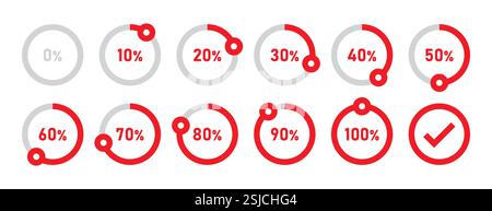 Infographic icon. loading circle and process 0 to 100 percentage. vector illustration in red color. Stock Vector