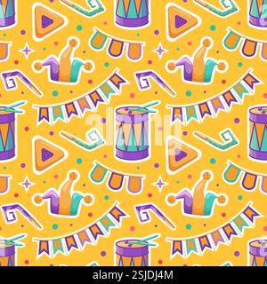 Create a vibrant vector illustration for Purim featuring a seamless pattern of Hamentashen, festive garlands, jester hats, and drums, capturing the jo Stock Vector