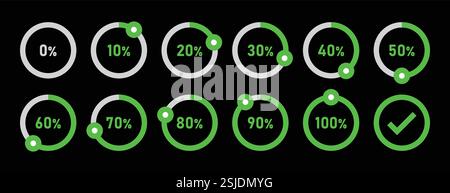 Infographic icon, loading circle and process 0 to 100 percentage vector image . vector illustration in green color. Stock Vector