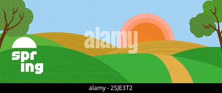 Bright panoramic of lush spring landscape with rolling hills. Golden sunrise, green meadows and peaceful rural fields. Capturing beauty of nature in modern, scenic design. Horizontal flyer Stock Vector