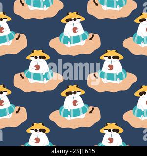Seamless pattern Tuxedo cat in an inflatable ring sits on the sand wearing sunglasses, a hat and drinks cocktail in coconut from a straw. Flat style Stock Vector