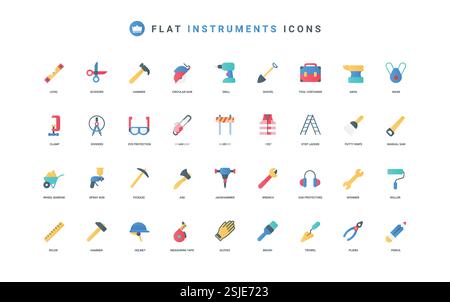 Worker and engineer safety equipment for health and life protection, construction work tools color icon set. Helmet and toolbox, glasses and welding mask, glove flat elements vector illustration Stock Vector