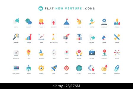 Startup business and launch new brand product on market, vision and support of investors for development and growth color icon set. Rocket and unicorn, target flat elements vector illustration Stock Vector