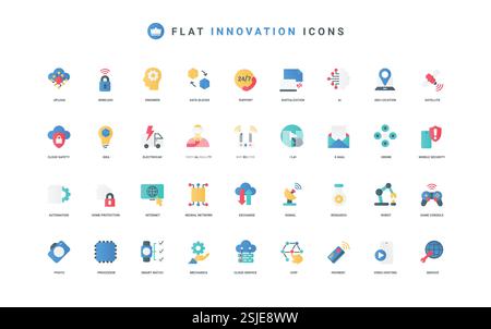 Tech innovation and new technology of future, digital brain of AI color icon set. Virtual reality glasses, satellite and robot, process automation and cloud services flat elements vector illustration Stock Vector