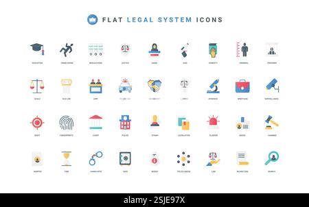 Lawyers and court judgment, legal authority, justice and law balance scales color icon set. gavel of judge and evidence in crime, contract and government stamp flat elements vector illustration Stock Vector