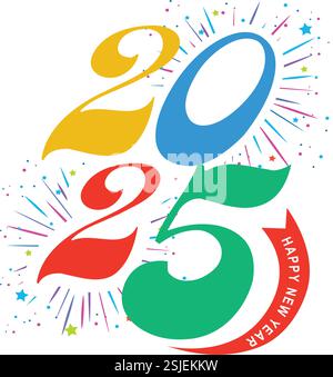 Colorful 2025 Happy New Year Celebration Graphic Stock Vector