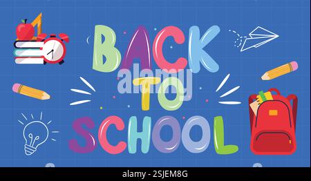 Colorful Back to School Illustration with Supplies and Motivational Elements Stock Vector