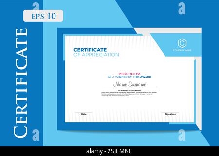 Certificate of Appreciation Template with Blue Geometric Design Stock Vector