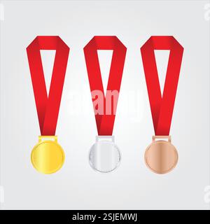 Gold, Silver, and Bronze Award Medals with Red Ribbons Stock Vector