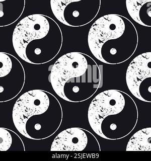 Black and white seamless pattern with yin and yang symbols with rough texture. Chinese philosophy hand drawn grunge sign on black background Stock Vector