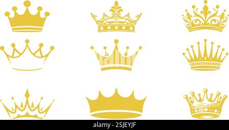 Gold crown icon vector.  Illustration vector simple crown icon collection. Crown vector golden royal jewelry.Collection of Gold Crown Illustrations. Stock Vector