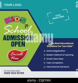 Kids School Admission Open Flyer Social Media, Kids School Admission Open Flyer Template for Online Enrollment Promotion Stock Vector