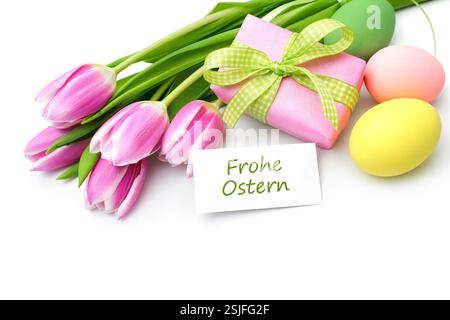 Tulips with tag and german text for Easter Stock Photo