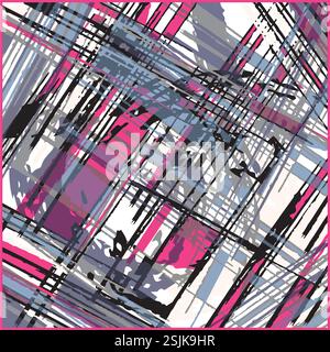 Vibrant abstract art with intersecting lines and shapes in pink, blue, gray, black on white. Dynamic, modern design with a textured, layered feel. Stock Vector