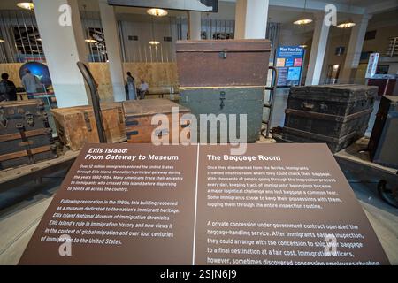 Old bagagges of immigrants on display in Ellis Island National Museum of Immigration, Ellis Island, New York City, USA Stock Photo