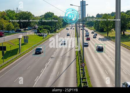 Futuristic highway in a modern city with AI traffic control, digital speed indicators, CO2 emissions data, and real-time vehicle flow analysis, surrou Stock Photo
