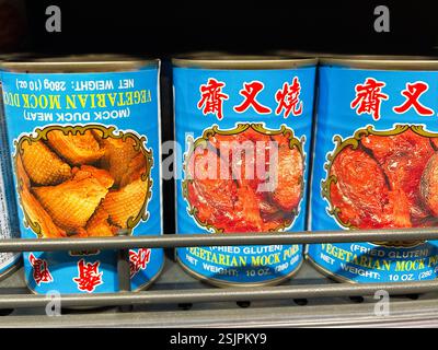 Kyiv, Ukraine - February 11, 2025: Cans of vegetarian mock meat displayed on a store shelf with colorful labels. Stock Photo