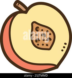 Half cut peach vector doodle illustration and graphic. Part of fruit slice category. Stock Vector