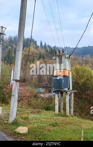 Outdoor electrical substation of soviet model on crossroad of Shevchenko and Dovbusha streets in Skhidnytsia, Western Ukraine. Stock Photo