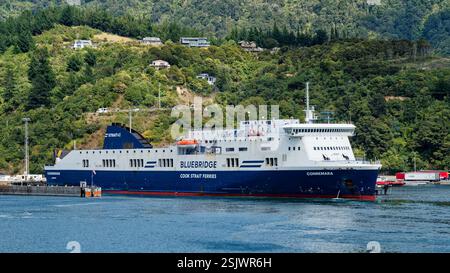 Picton, Marlborough Sounds, Aotearoa / New Zealand - February 2, 2025: Bluebridge Inter island ferry Connemara reversing into dock. Stock Photo