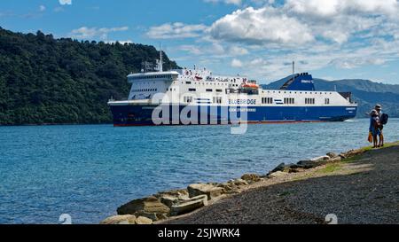 Picton, Marlborough Sounds, Aotearoa / New Zealand - February 2, 2025: Bluebridge Inter island ferry Connemara arriving in Picton. Stock Photo