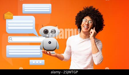 Guy interacting with virtual assistant showcasing modern AI technology Stock Photo