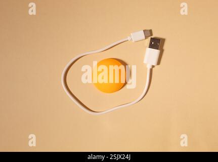 Egg made of ping pong ball and white cable on beige background. Flat lay. Christmas concept. Stock Photo