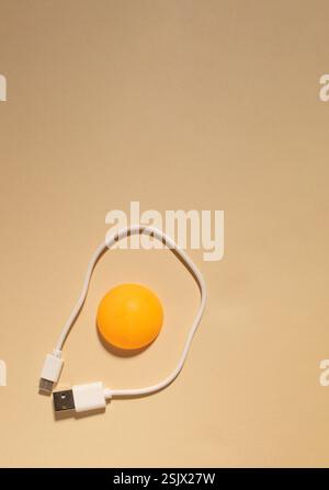 Egg made of ping pong ball and white cable on beige background. Flat lay. Christmas concept. Stock Photo