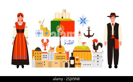 Travel to Portugal, culture elements, architecture for tourist tour in infographic collage. Portuguese flag and people in traditional dress, city landscape with buildings cartoon vector illustration Stock Vector