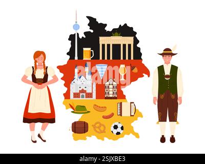 Travel to Germany, culture elements and traditional Oktoberfest food, landmarks on infographic collage with country map and flag. German people, sausages and Bavarian beer cartoon vector illustration Stock Vector