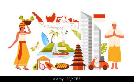 Indonesian culture elements and landmarks, travel to Indonesia infographic collage with people in traditional costumes, spiritual temple, beach hut and tropical fruits cartoon vector illustration Stock Vector