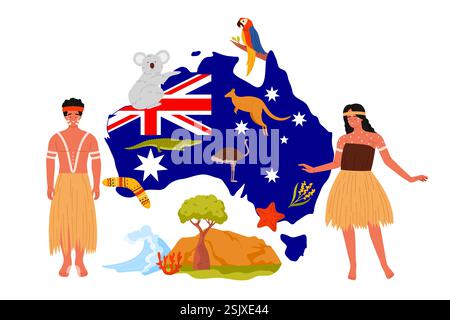 Travel to Australia, Australians in traditional tribal costumes on infographic collage with country map and flag, ocean wave and landscape of Australia, animals and birds cartoon vector illustration Stock Vector